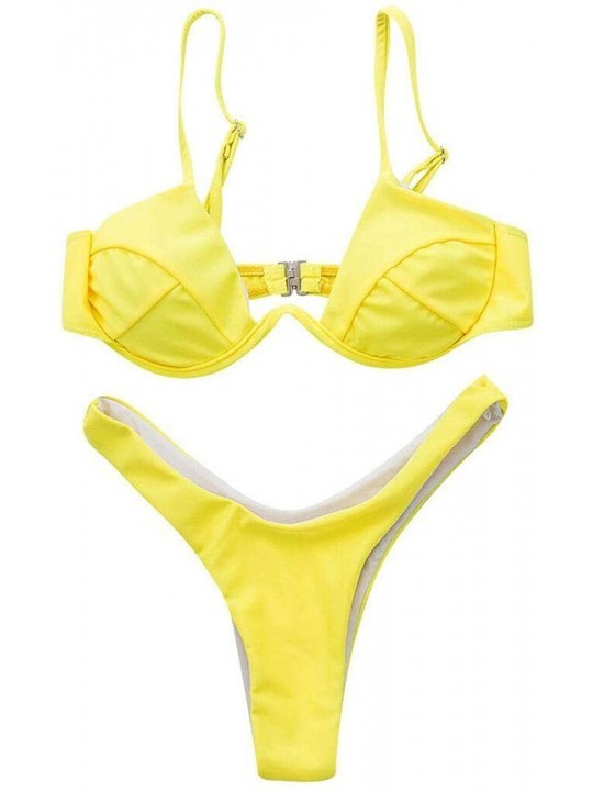 Sets 2pcs Bikini Women Push-up Padded Bra Set Bandage Swimsuit Triangle Swimwear Solid Bathing Suit Beachwear - Yellow - CN19...