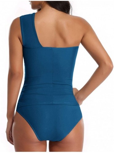 One-Pieces Women Tankini Ruched One Shoulder Tummy Control Top High Neck Swimsuits - Navy Blue - C418C4YUYN0 $35.97