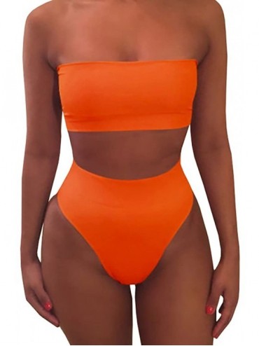 Sets Womens Sexy High Waisted Bikini 2 Piece Bandeau Swimsuit Top Cheeky Bottoms Set - A-orange - CJ189SNT6OL $45.65
