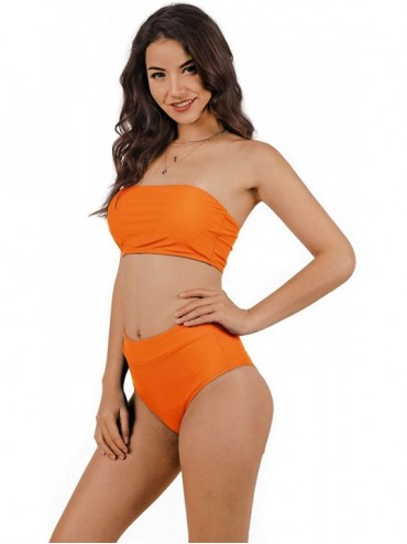 Sets Womens Sexy High Waisted Bikini 2 Piece Bandeau Swimsuit Top Cheeky Bottoms Set - A-orange - CJ189SNT6OL $29.22