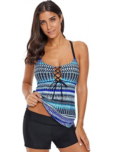 Tankinis Women's Casual Cami Printed Bandeaux Tankini Tops Without Bottoms - Blue - C218O299HRG $26.82