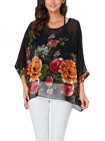 Cover-Ups Women's Chiffon Floral Printed Caftan Poncho Tunic Top Cover up Batwing Loose Blouse - Black Y Flower - CH18XXGTK4S...