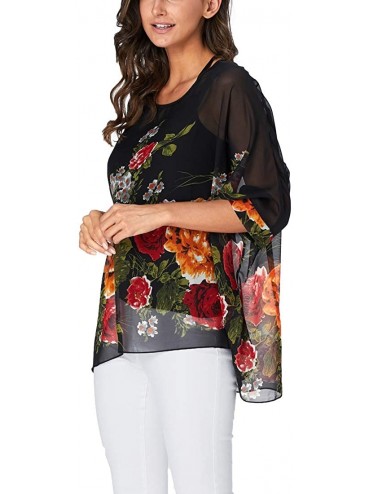 Cover-Ups Women's Chiffon Floral Printed Caftan Poncho Tunic Top Cover up Batwing Loose Blouse - Black Y Flower - CH18XXGTK4S...