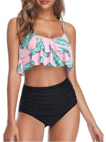 Racing Flower Printed Bathing Suit Strappy Cutout Two Pieces Swimsuits Tummy Control Bikini Set - Hot Pink - CV194XLTT32 $63.95