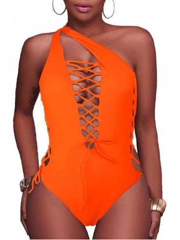 One-Pieces Women Sexy One Piece Swimsuit Lace up Monokini Plunge Backless Criss Cross Bathing Suit Swimwear - Orange - CA18UU...