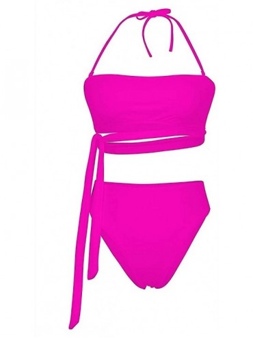 Sets Womens Sexy Two Pieces Bandeau Tie Waist High Waisted Bikini Set Swimsuit High Cut - Pink - CL194CX7GUR $21.12