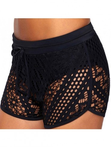 Racing Women's lace Swim Trunks superimposed Hollow Lined Bikini Shorts Bottom - Black - CL18ND8626C $21.15