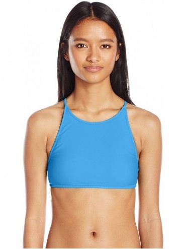 Tops Women's Simply Solid Crop High Neck Swimsuit Bikini Top - Coastal Blue - CG12NUV2AYI $59.51