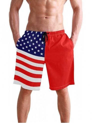 Racing Men's Swim Trunks USA Thin Blue Wave Flag Quick Dry Beach Board Shorts with Pockets - Red Usa Flag - CT18QGD4M2Q $50.64