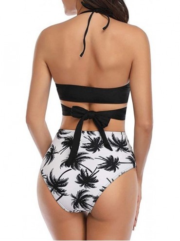 Tankinis Womens Bathing Suits Floral Printing Swim Bottoms Padded Halter Bandage Bikini Two Piece Swimsuits - C-black Leaf - ...