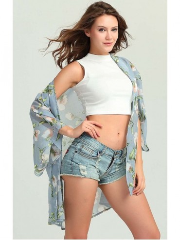 Cover-Ups Women Chiffon Swimsuit Cover Ups Floral Kimono Casual Loose Open Front Cardigan - Grey-shortstyle-5 - CB1807EQ9YZ $...