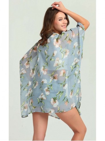 Cover-Ups Women Chiffon Swimsuit Cover Ups Floral Kimono Casual Loose Open Front Cardigan - Grey-shortstyle-5 - CB1807EQ9YZ $...