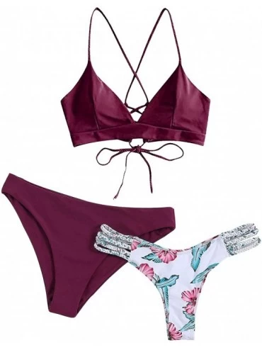 Sets Women's 3 Piece Tie Dye Cinched String Triangle Reversible Bottom Bikini Sets Swimsuits - Wine Red - CM19CSZHG90 $44.41