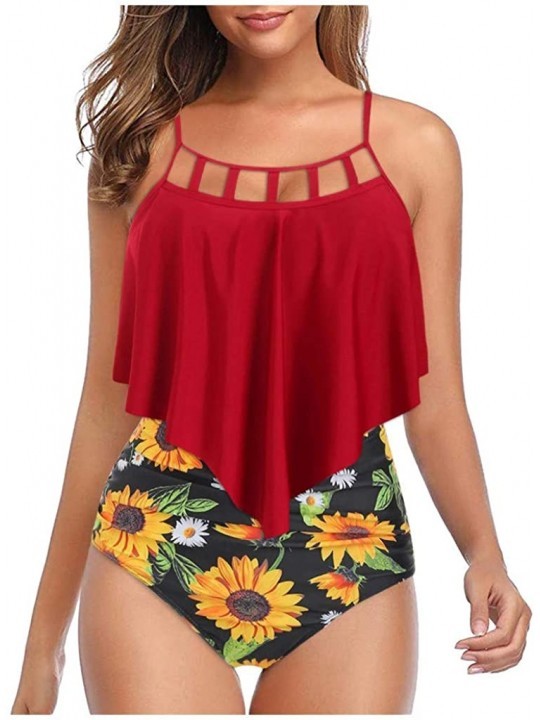Bottoms Swimsuits for Women Sunflower Print Two Pieces Bathing Suits Ruffled Racerback Top with High Waisted Bottom - Red - C...