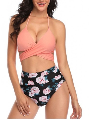 Sets Women High Waisted Bikini Swimsuits Halter Two Piece Strappy Bathing Suits - Pink Floral - C618XOIQT3U $47.54