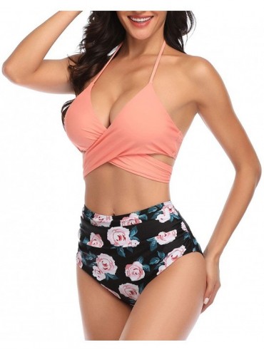 Sets Women High Waisted Bikini Swimsuits Halter Two Piece Strappy Bathing Suits - Pink Floral - C618XOIQT3U $25.99