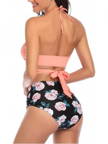 Sets Women High Waisted Bikini Swimsuits Halter Two Piece Strappy Bathing Suits - Pink Floral - C618XOIQT3U $25.99