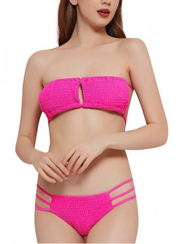 Sets Smocked Bandeau Halter Sexy Keyhole Bikini Brazilian Thong Swimsuit for Women - Rose Red - C71908H63A5 $30.82