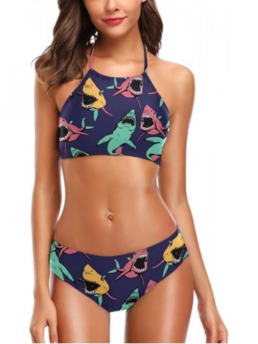 Sets Women's Chic Swimwear Sexy 2 Piece High Waist Halter Bandage Back Padded Swimsuit Bikini Set - Angry Ocean Sharks - C318...