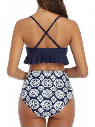 Sets Women High Waisted Bikini Flounce Two Piece Swimsuits V Neck Printed Bathing Suit - Navy Blue - CE1926TG8L2 $22.01