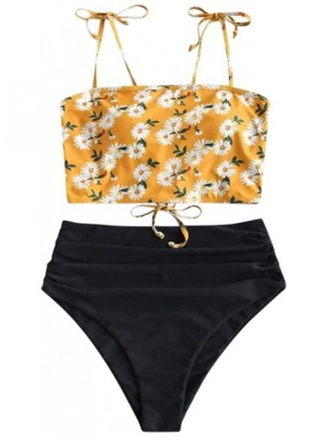 Tops Women's 2 Pieces Removable Pad High Cut Bandeau Bikini Set Swimsuit Off Shoulder High Waist Beach Swimwear Yellow a - CC...