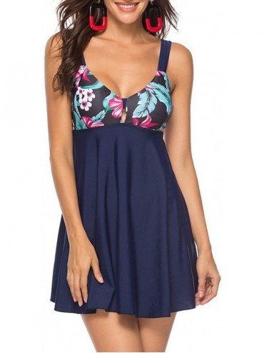 Sets Women's Tankini Swimsuit Floral Print Two Piece Bathing Suit Swimdress Plus Size Swimwear - Swimdress Blue - CY18OQIXSDX...