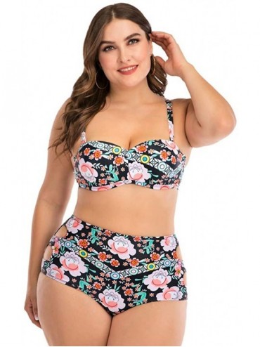 Tops Plus Size Womens High-Waisted Bikini Set Two Pieces Beach Swimwear Bathing Suit Swimsuits - 018 Black - CI194DTRT45 $26.11