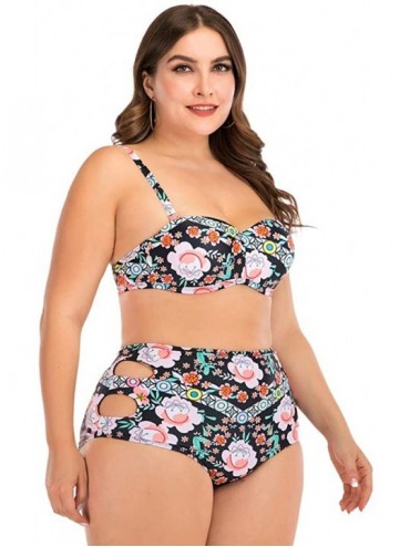 Tops Plus Size Womens High-Waisted Bikini Set Two Pieces Beach Swimwear Bathing Suit Swimsuits - 018 Black - CI194DTRT45 $13.06