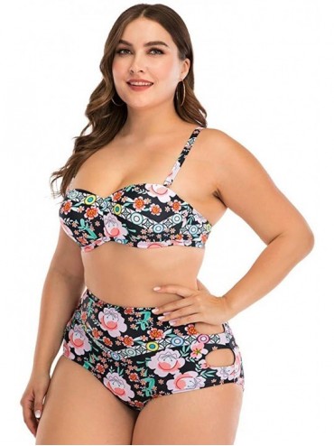 Tops Plus Size Womens High-Waisted Bikini Set Two Pieces Beach Swimwear Bathing Suit Swimsuits - 018 Black - CI194DTRT45 $13.06