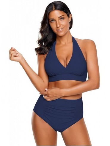 Sets Women's Halter Self Tie Ruched High Waist Two Piece Bikini Set Swimsuits - Navy Blue - CO1809EH88R $34.41