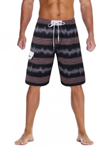 Board Shorts Men's Swim Trunks Colortful Striped Beach Board Shorts with Lining - Black-1 - CJ18KK65GCH $34.31