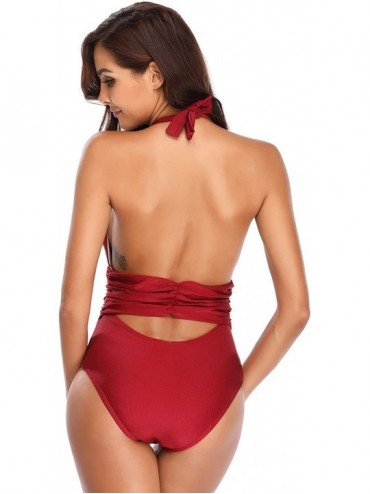 One-Pieces Women V Neck One Piece Swimsuit Halter Bathing Suits - Wine Red - CM18EDONCGU $7.61