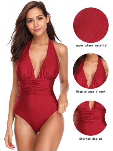 One-Pieces Women V Neck One Piece Swimsuit Halter Bathing Suits - Wine Red - CM18EDONCGU $7.61
