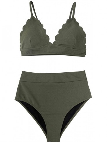 Sets Women's High Waist Bikini Set Scalloped Adjustable Padded Two Piece Swimsuits - Green - CT18T8RIOMZ $26.82