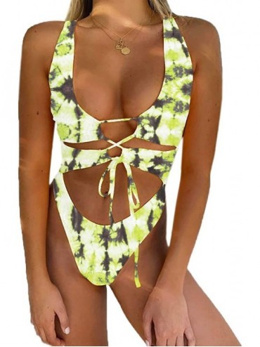 One-Pieces Women's Sexy Cutout Lace Up Backless High Cut One Piece Swimsuit Monokini - Tie Dye - C11903DSC7Y $21.19