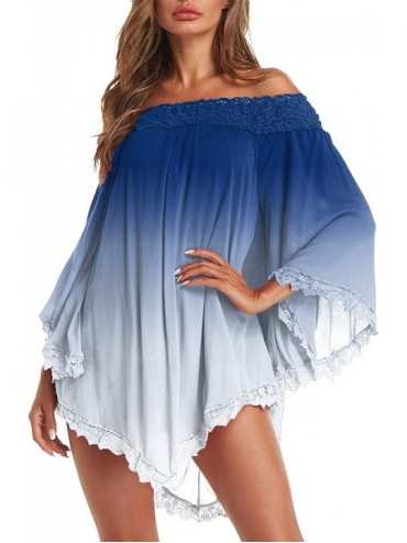 Cover-Ups Women Sexy Off Shoulder Blouses Loose Mini Dress Summer Beach Tunic Cover Up Shirt - 2-dark Blue - CH1945NHLLO $48.92