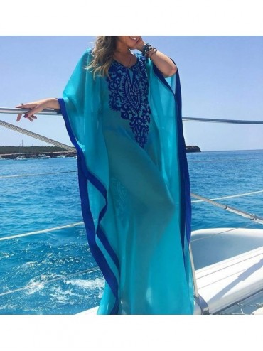 Cover-Ups Womens Conservative Bikini Cover Up Beach Kimono Coverups Robe Pringting Covers 1 Color Brown - Embroider Blue 43 -...