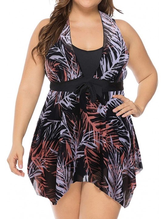 Cover-Ups Women's Plus Size Floral Swimdress High Waist Tankini Set V Neck Swimwear - Black Leaves Pattern - CJ19C5TQ2LG $40.91