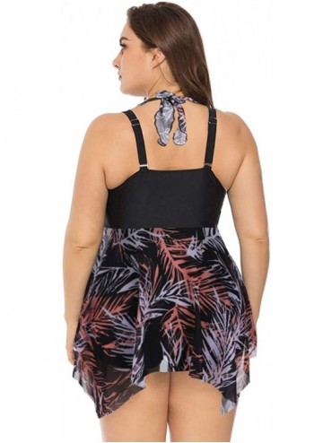 Cover-Ups Women's Plus Size Floral Swimdress High Waist Tankini Set V Neck Swimwear - Black Leaves Pattern - CJ19C5TQ2LG $40.91