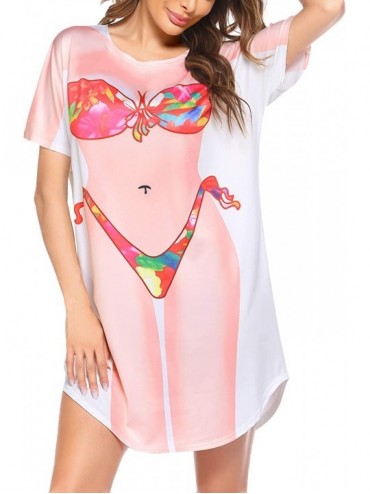 Cover-Ups Women's Bikini Shirt Cover Up Short Sleeve Cute Bikini Print Cover-Up Baggy T Shirt Dress Fun Wear - Tropical - C01...