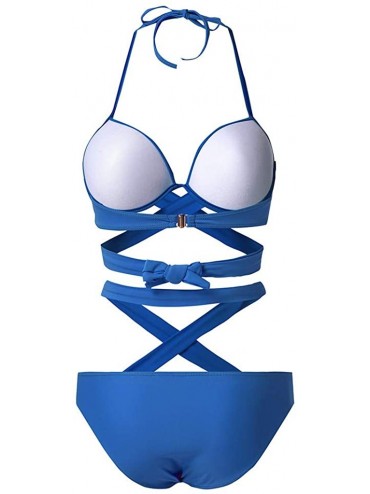 Sets Women Bikini Two Piece Lace Up Criss Cross Solid Color Bandage Swimsuit - Blue - C618SSX9AOI $14.14