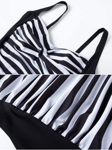 One-Pieces Women's one-Piece Swimsuit- Sexy Backless Striped Print Pleated Belly Bikini one-Piece Swimsuit - Black Strips - C...