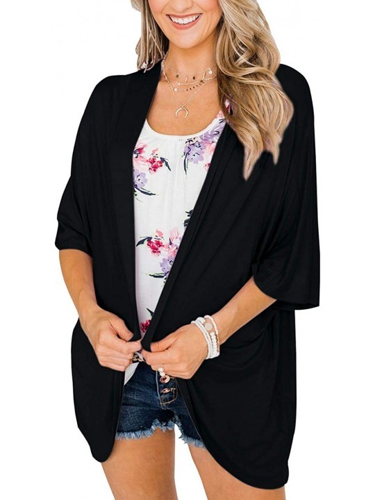 Cover-Ups Womens Solid Color Kimono Cardigan Open Front Half Sleeve Cotton Sheer Coat - Black-1 - CO18XKW26AT $17.01