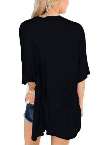 Cover-Ups Womens Solid Color Kimono Cardigan Open Front Half Sleeve Cotton Sheer Coat - Black-1 - CO18XKW26AT $17.01