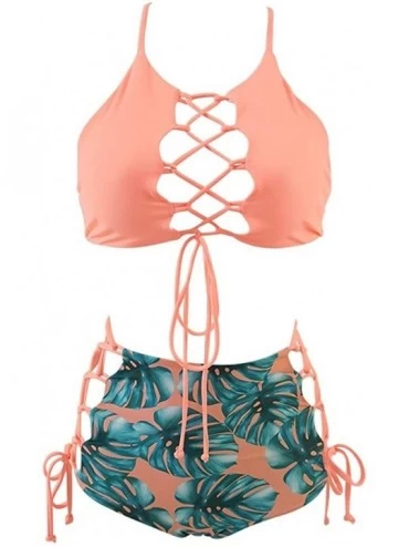 Sets Women African Backless Bikini High Waist Tankini Patterned Strap Swimsuit Set - Pink - CH18STRMCGW $50.24