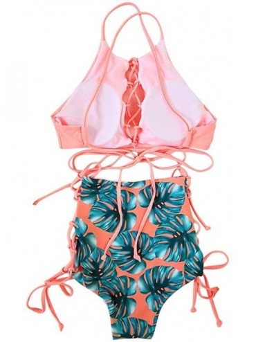 Sets Women African Backless Bikini High Waist Tankini Patterned Strap Swimsuit Set - Pink - CH18STRMCGW $28.22