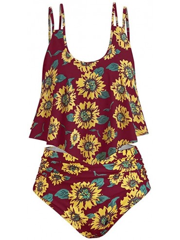 Sets Women Sunflower Swimsuits Set Plus Size High Waist Bathsuit Top with Swim Bottom - Wine - CN19608UIQT $85.03