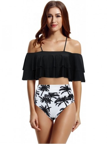 Sets Women's High Waisted Bottom Off The Shoulder Ruffle Crop Bikini Bathing Suits - Palm - CF18DA9QLRI $49.29