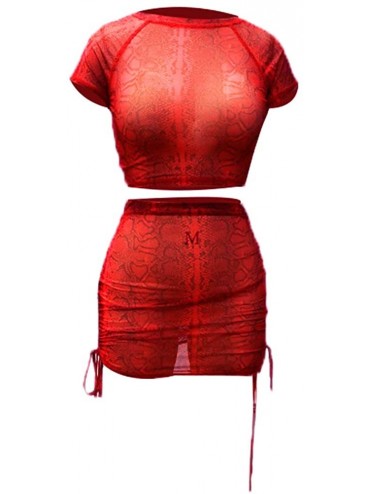 Cover-Ups Women 2 Piece Dress Snakeskin Print Mesh Crop Top Lace Up Mini Skirt - Red - CO18SZMT47Y $40.05