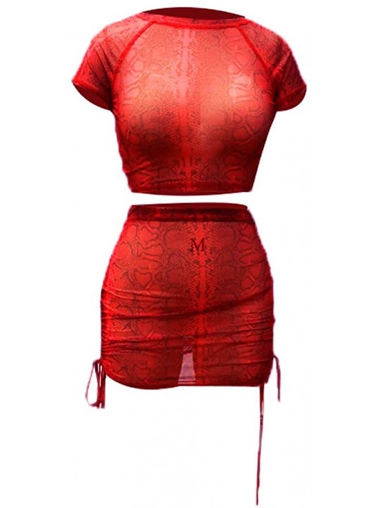 Cover-Ups Women 2 Piece Dress Snakeskin Print Mesh Crop Top Lace Up Mini Skirt - Red - CO18SZMT47Y $16.84